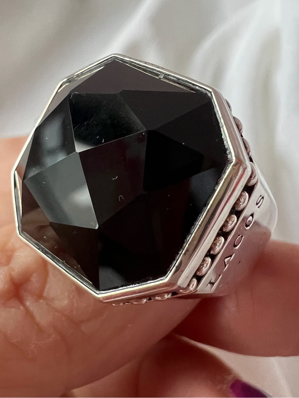 LAGOS 18K GOLD & STERLING SILVER LARGE FACETED ONYX RING STATEMENT UNISEX HEAVY
